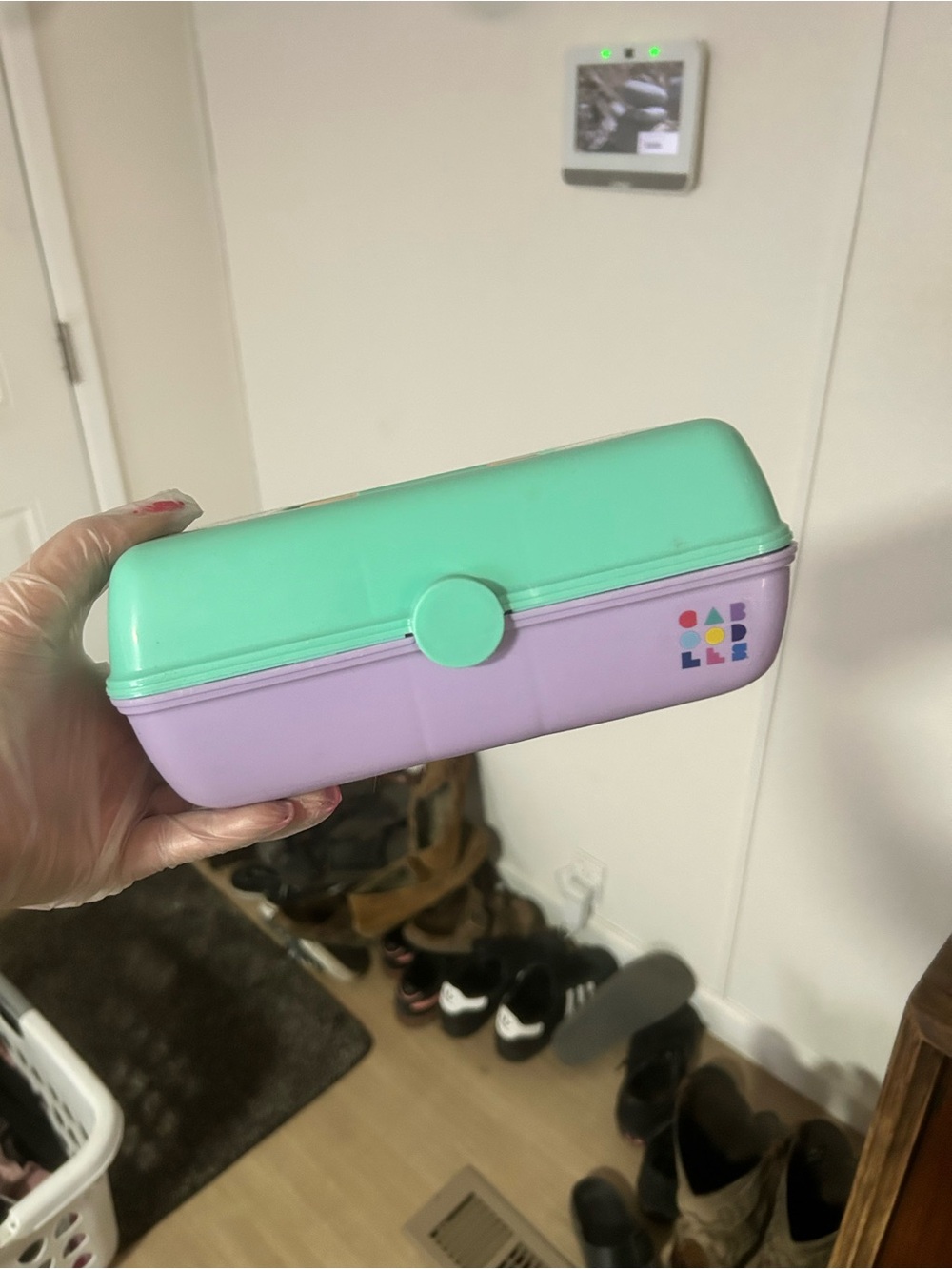 Mini green and purple caboodles case